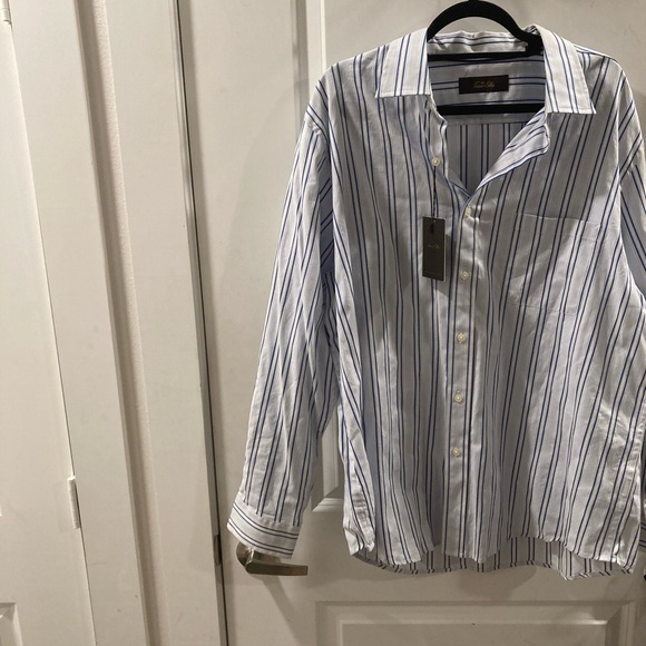 Tasso Elba Blue and White Striped Button-Down Shirt - Picture 1 of 6
